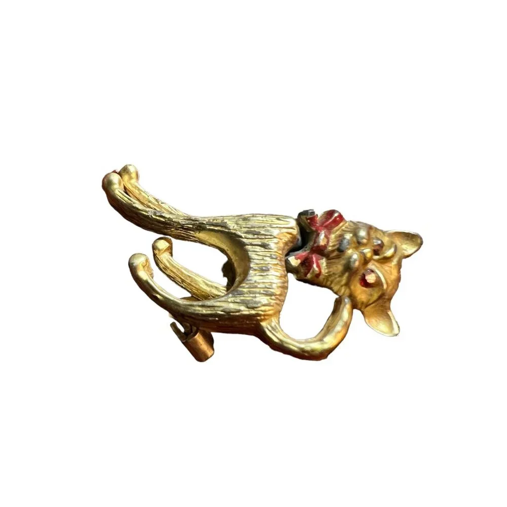 Cat Brooch Gold Tone‎ Red Tie Articulated Moving Head Vintage Kitten Pin